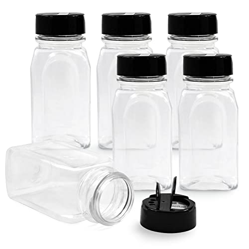  6 Pack 9.5 Oz Plastic Spice Jars With Black Cap, Clear And Safe Plastic Bottle Containers With Shaker Lids For Storing Spice, Herbs And Seasoning Powders, BPA Free, Made In USA