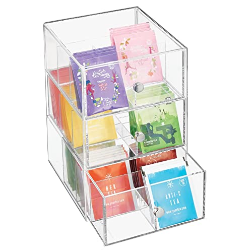  MDesign Plastic Wide Kitchen Pantry, Cabinet, Countertop Organizer Storage Station With 3 Drawers For Coffee, Tea, Sugar Packets, Sweeteners, Creamers, Drink Pods, Packets; 18 Sections - Clear