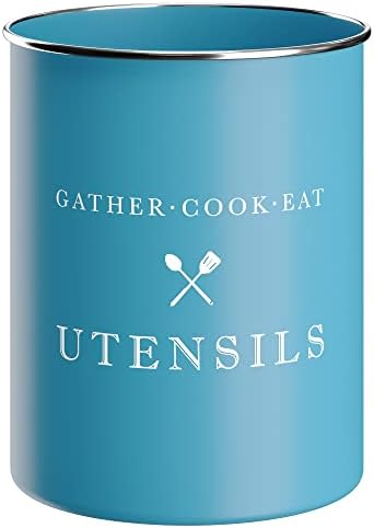  White Utensil Holder For Kitchen Countertop, Farmhouse Metal Utensil Crock, Rustic Country Decorative Kitchen Utensil Caddy Large, 5.5x6.75