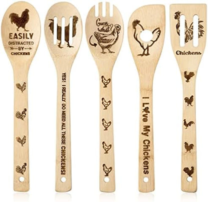  5Pcs Mothers Day Wooden Spoons Utensils Set, Non-Stick Cooking Utensils Carve Burned Bamboo Spoons Spatula Kitchen Cookware Gadget Decor Kit Mothers Day Mom Birthday Fun Gift Idea
