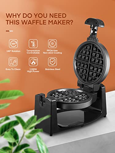  Waffle Maker, Belgian Waffle Maker 180° Flip Waffle Iron With Nonstick Plates, Classic 1" Thick Waffles, Included Recipe, Removable Drip Tray, Browning Control, 1100W, Stainless Steel