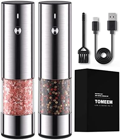  [Upgraded Larger Capacity] Electric Salt And Pepper Grinder Set Rechargeable With LED Lights - Stainless Steel Automatic Pepper Grinder And Salt Grinder Refillable With 6 Adjustable Coarseness