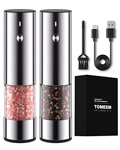  [Upgraded Larger Capacity] Electric Salt And Pepper Grinder Set Rechargeable With LED Lights - Stainless Steel Automatic Pepper Grinder And Salt Grinder Refillable With 6 Adjustable Coarseness