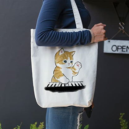  ÇINAR BEZ ÇANTA A.Ş. Eco Tote Bag, Canvas Tote Bag For Women With Cat Print, Zippered Inner Pocket, The Tote Bag