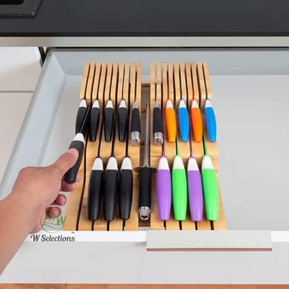 Bamboo Knife Drawer Organizer Insert - Kitchen Storage Holder For [18~26 Knives & 1~2 Honing Steel] Organization - Saves Countertop Space & Made Of Premium Quality Moso Bamboo