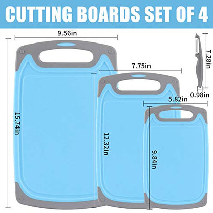  Cutting Boards For Kitchen, Plastic Chopping Board Set Of 4 With Non-Slip Feet And Deep Drip Juice Groove, Easy Grip Handle, Dishwasher Safe, BPA Free, Non-porous(Blue/Gray)