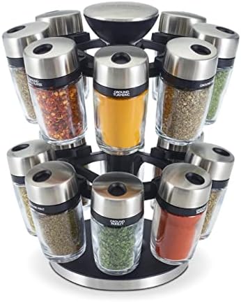  Cole & Mason 16 Herb & Spice Carousel - Rotating Spice Rack - Metal Two-Tier Organizer - Lazy Susan Style - Stainless Steel/Black, 10 Inch