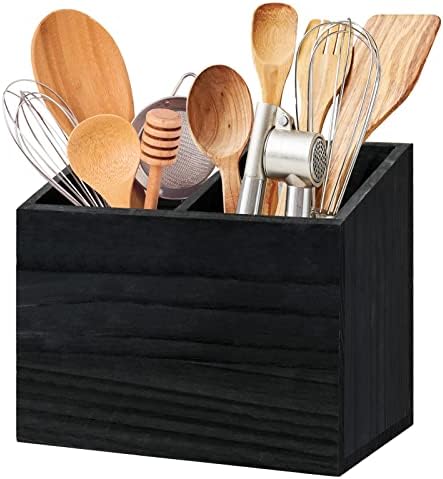  Utensil Holder For Kitchen Counter, Wood Utensil Organizer With 2 Compartments, Utensil Caddy And Silverware Organizer For Kitchen Decor, Black Kitchen Accessories