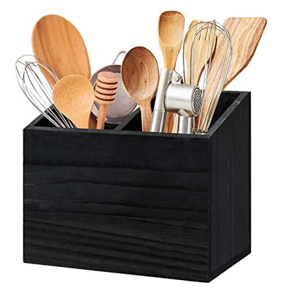  Utensil Holder For Kitchen Counter, Wood Utensil Organizer With 2 Compartments, Utensil Caddy And Silverware Organizer For Kitchen Decor, Black Kitchen Accessories