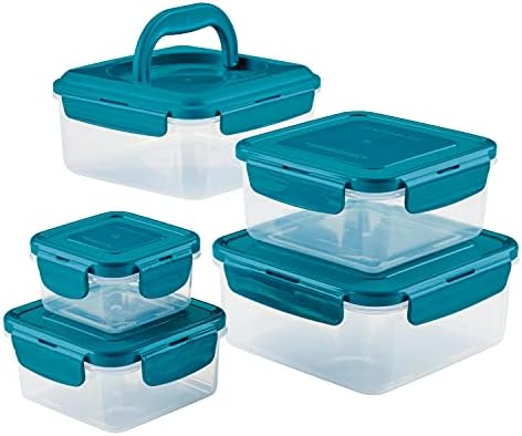  Leak-Proof Nestable Container Food Storage Bin Set, 10-Piece Round, Teal Lid