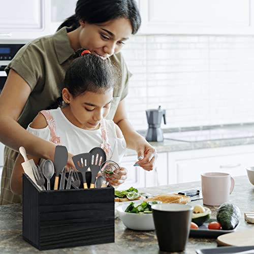  Utensil Holder For Kitchen Counter, Wood Utensil Organizer With 2 Compartments, Utensil Caddy And Silverware Organizer For Kitchen Decor, Black Kitchen Accessories