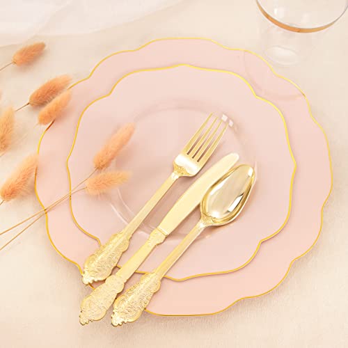  175PCS Pink Plastic Plates With Gold Disposable Silverware-Include 50 Plates 25Knives 25Forks 25Spoons 25Cups And 25Napkins-Ideal For Wedding, Party, Shower&Mother’s Day