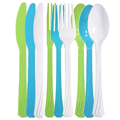  72-Pack Plastic Cutlery Set Heavy Duty Colored Plastic Silverware Set Includes 24 Forks, 24 Teaspoons, And 24 Knives In Lime Green, Island Blue And Pearl…