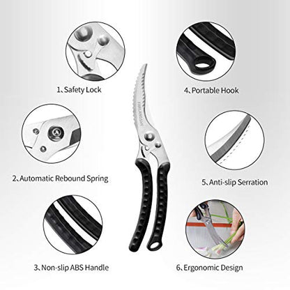  Kitchen Shears, Japanese High-Carbon Stainless Steel, Super Heavy-Duty Poultry Scissors, Built-in Spring, Recommended By Senior Chefs