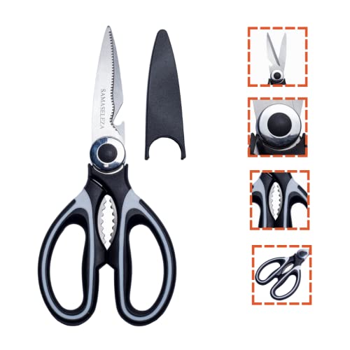  Amaseleza Kitchen Shears With Nutcracker & Bottle Opener - Heavy Duty Scissors With Cover - Ergonomic ABS Handles - Lightweight Non-Slip Rust & Corrosion Resistant - Perfect For Meat, BBQ & Herbs