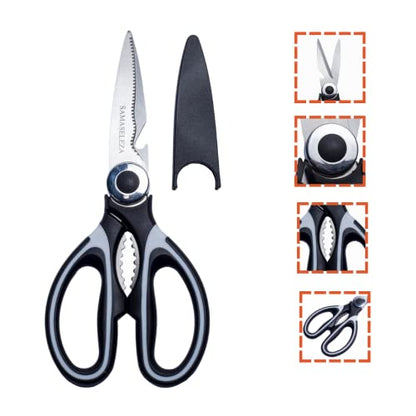  Amaseleza Kitchen Shears With Nutcracker & Bottle Opener - Heavy Duty Scissors With Cover - Ergonomic ABS Handles - Lightweight Non-Slip Rust & Corrosion Resistant - Perfect For Meat, BBQ & Herbs