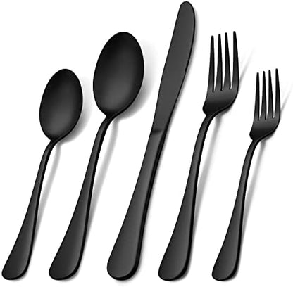  60-Piece Black Silverware Flatware Set For 12, Stainless Steel Eating Utensils Cutlery Includes Knives/Spoons/Forks, Tableware For Home Restaurant Party, Shiny Mirror Polished, Dishwasher Safe