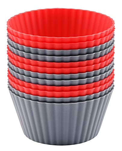  12 Pack Reusable Nonstick Jumbo Silicone Baking Cups, Cupcake And Muffin Liners, 3.8 Inch Large Size, Red And Gray Colors, Round