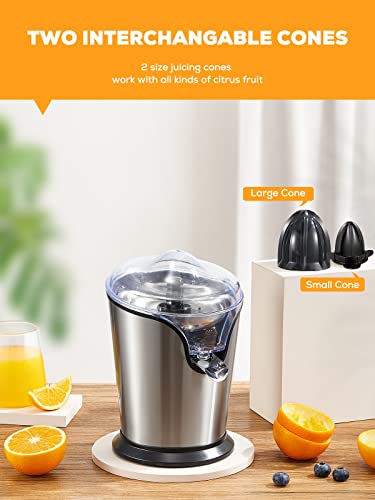  Iheal Electric Citrus Juicer, Orange Juicer Squeezer With Two Interchangeable Cones Suitable For All Size Of Citrus Fruits, Anti-drip Spout And Ultra Quiet Motor, BPA Free, Brushed Stainless Steel