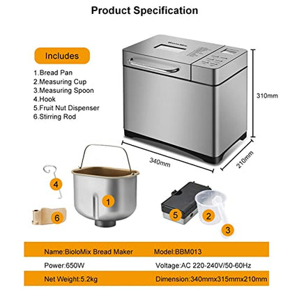  WOCOYOMBJ Bread Maker Stainless Steel Automatic Bread Making Machine 650W Programmable Bread Making Machine With 3 Bread Size Fruit Nut Dispensers (Size : UK)