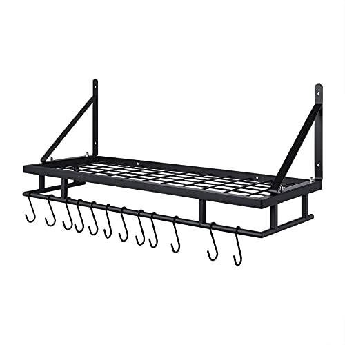  KES 30-Inch Kitchen Pan Pot Rack Wall Mounted Hanging Storage Organizer Wall Shelf With Hooks Matte Black, KUR215S75A-BK