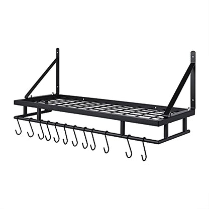  KES 30-Inch Kitchen Pan Pot Rack Wall Mounted Hanging Storage Organizer Wall Shelf With Hooks Matte Black, KUR215S75A-BK