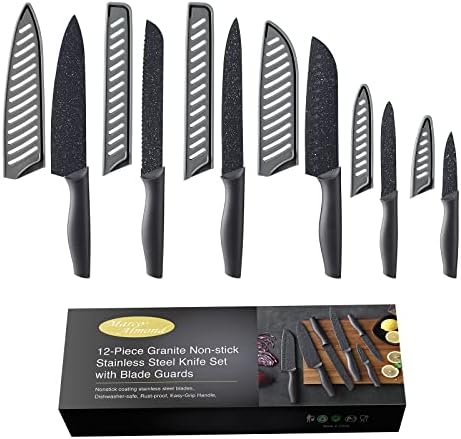  DISHWASHER SAFE Kitchen Knife Set, Marco Almond® KYA37 12-Piece Rainbow Titanium Stainless Steel Boxed Knives Set For Kitchen With Sheath, 6 Knives With 6 Blade Guards, Teal