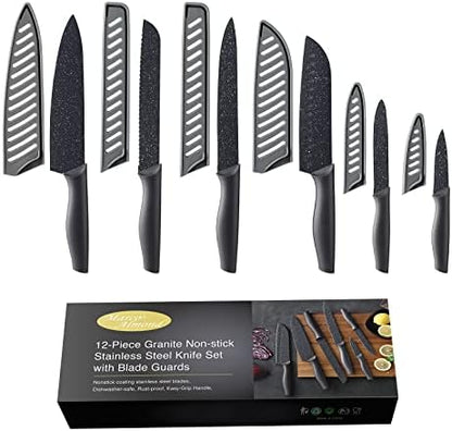  DISHWASHER SAFE Kitchen Knife Set, Marco Almond® KYA37 12-Piece Rainbow Titanium Stainless Steel Boxed Knives Set For Kitchen With Sheath, 6 Knives With 6 Blade Guards, Teal