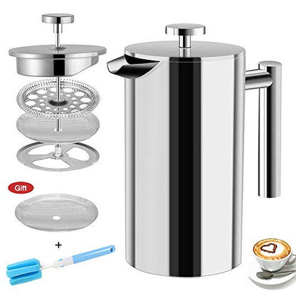  French Press Coffee Maker Stainless Steel Double Wall Insulated Large Capacity 1 Liter 1000ml 34oz 8Cup And Dishwasher Safe Metal Coffee-Press For Camping Travel Silver
