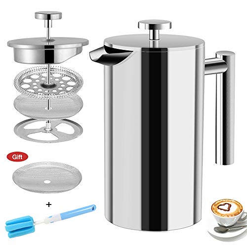  French Press Coffee Maker Stainless Steel Double Wall Insulated Large Capacity 1 Liter 1000ml 34oz 8Cup And Dishwasher Safe Metal Coffee-Press For Camping Travel Silver