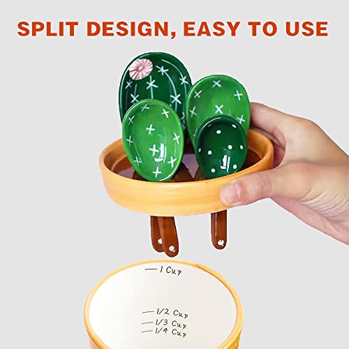 Cactus Measuring Spoons And Cups Set, Cute Ceramic Measuring Spoons, Baking Cacti Measuring Spoon With Holder For Milk Powder Sugar Salt Wet Dry Ingredients, Kitchen Home Small Decorations Ornaments
