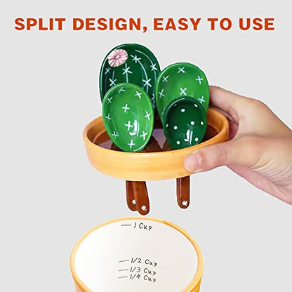  Cactus Measuring Spoons And Cups Set, Cute Ceramic Measuring Spoons, Baking Cacti Measuring Spoon With Holder For Milk Powder Sugar Salt Wet Dry Ingredients, Kitchen Home Small Decorations Ornaments