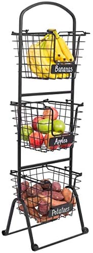  IRDROCK HOME 3-Tier Wire Market Basket Stand With Chalk Label - Snack Fruit Vegetable Produce Metal Hanging Storage Bin For Kitchen Pantry - Free-Standing Or Stacking Organizer - Black