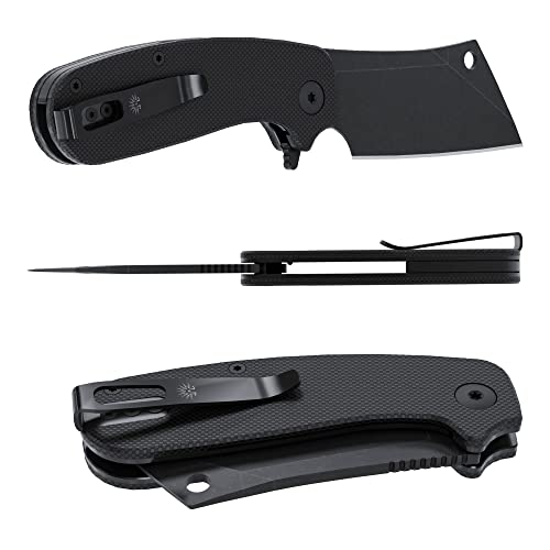  Cleaver V2 Folding Knife, D2 Tumbled Black Cleaver Blade, G10 Scales, Ceramic Ball Bearings, Left & Right Hand Carry
