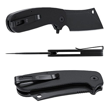  Cleaver V2 Folding Knife, D2 Tumbled Black Cleaver Blade, G10 Scales, Ceramic Ball Bearings, Left & Right Hand Carry