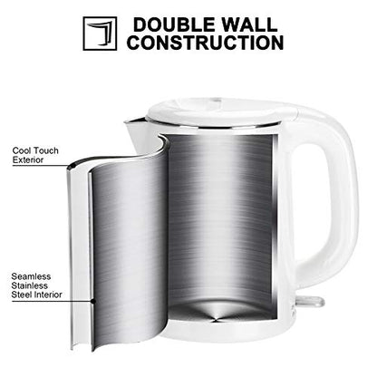 Stainless Steel Double Wall Electric Kettle Water Heater For Tea Coffee W/Auto Shut-Off And Boil-Dry Protection, 1.0L (White)