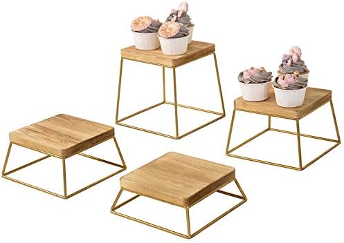  Burnt Wood & Black Metal Wire Square Retail Food Display Risers/Pizza Stands, Set Of 4