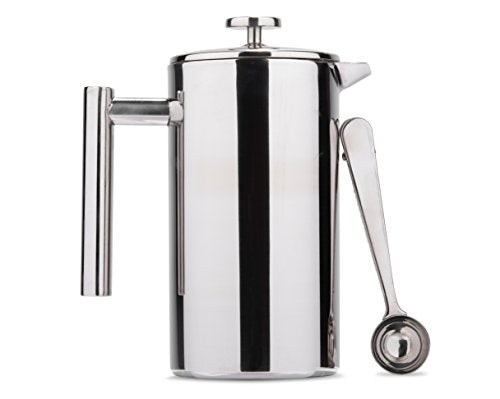  Perto Stainless Steel French Press Coffee Maker | 34 Ounce, Double Wall Insulated, Manual, Portable, Chrome Finish
