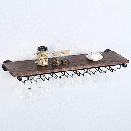  Industrial Pipe Shelving Hanging Stemware Racks,Rustic Wall Mounted Wine Rack With 8 Glass Holder,Steampunk Iron Floating Bar Shelves Stemware Holder,36in Metal Real Wood Shelf Wall Shelf