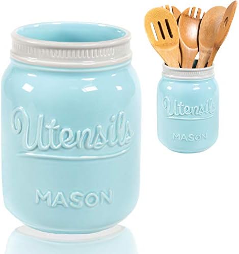  Wide Mouth Mason Utensil Holder - Large Ceramic Kitchen Utensil Holder - Rustic Farmhouse Caddy Organizer For Cooking Utensils, Spatula, Accessories - Beautiful Farm House Countertop Crock Decor