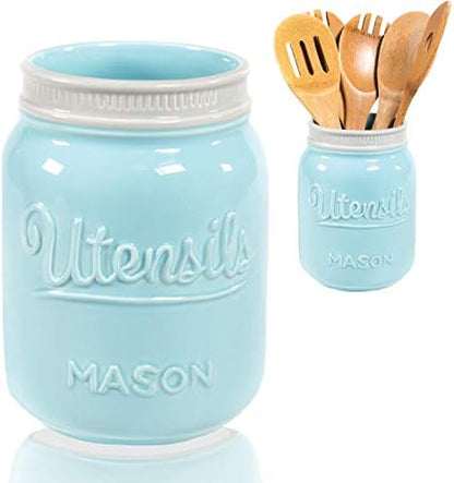  Wide Mouth Mason Utensil Holder - Large Ceramic Kitchen Utensil Holder - Rustic Farmhouse Caddy Organizer For Cooking Utensils, Spatula, Accessories - Beautiful Farm House Countertop Crock Decor