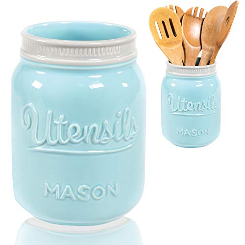  Wide Mouth Mason Utensil Holder - Large Ceramic Kitchen Utensil Holder - Rustic Farmhouse Caddy Organizer For Cooking Utensils, Spatula, Accessories - Beautiful Farm House Countertop Crock Decor