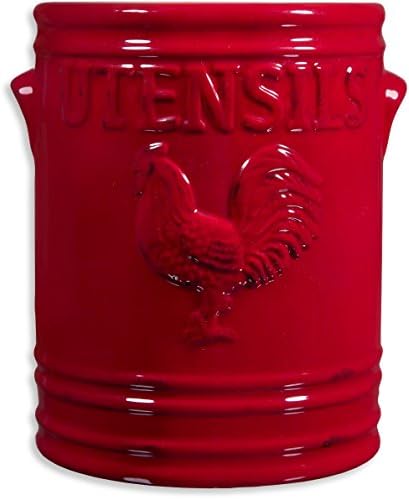  Kitchen Utensil Holder For Countertop - Large 7” Rustic Ceramic Utensil Crock - Dishwasher-Friendly Rooster Cooking Utensil Organizer Caddy For Farmhouse Kitchen Decor .red