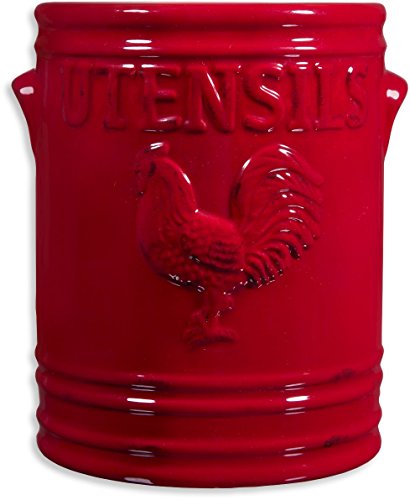  Kitchen Utensil Holder For Countertop - Large 7” Rustic Ceramic Utensil Crock - Dishwasher-Friendly Rooster Cooking Utensil Organizer Caddy For Farmhouse Kitchen Decor .red