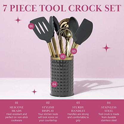  Paris Hilton Kitchen Set Tool Crock With Silicone Cooking Utensils, Stainless Steel Whisk And Ladle, 7-Piece, Gold, Charcoal Gray