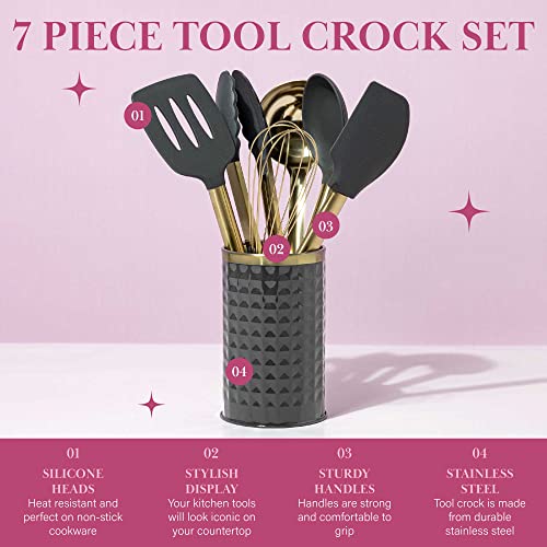  Paris Hilton Kitchen Set Tool Crock With Silicone Cooking Utensils, Stainless Steel Whisk And Ladle, 7-Piece, Gold, Charcoal Gray