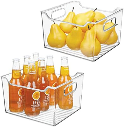  Slim Stackable Plastic Storage Organization Bin With Handles For Kitchen Cabinet, Pantry, Shelf, Refrigerator, Home Organizer For Fruit, Potatoes, Onions, Drinks, Snacks, Pasta, 2 Pack, Clear