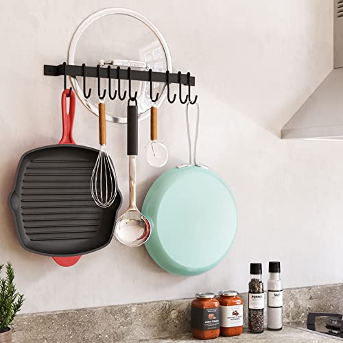  Wallniture Gourmet Kitchen Rail With 10 Hooks, Wall Mounted Wrought Iron Hanging Utensil Holder Rack With Black 17 Inch