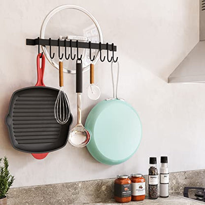  Wallniture Gourmet Kitchen Rail With 10 Hooks, Wall Mounted Wrought Iron Hanging Utensil Holder Rack With Black 17 Inch
