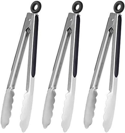  9-Inch Stainless Steel Cooking Tongs With Silicone Tips, Set Of 3 (Black)